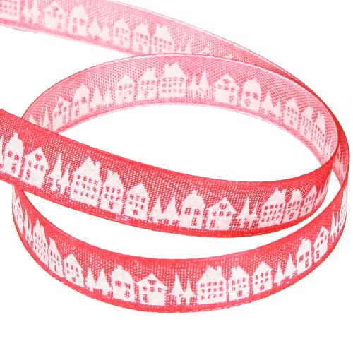 Artikel Rood kerstlint met witte huisjes 15mm 20m