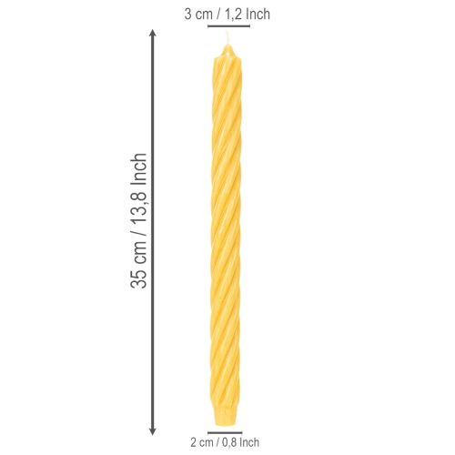 Rustieke gedraaide kaarsen, hoge taps toelopende kaarsen, effen geel, 350/28 mm, 4 stuks | Floristik24.nl