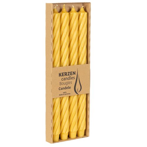Rustieke gedraaide kaarsen, hoge taps toelopende kaarsen, effen geel, 350/28 mm, 4 stuks | Floristik24.nl