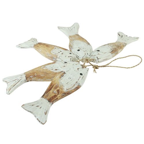Artikel Rustieke houten vishanger met 5 vissen wit naturel 15cm