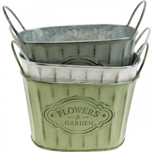 Floristik24 Bloempot van metaal plantenbak met handvatten groen, wit, grijs L24cm H14,5cm 3st