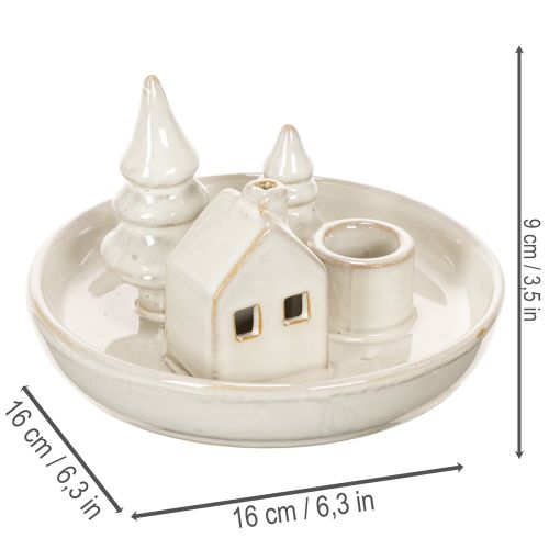 Decoratieve keramische kaarsenhouder met huisje en bomen, 16 cm | Floristik24.nl