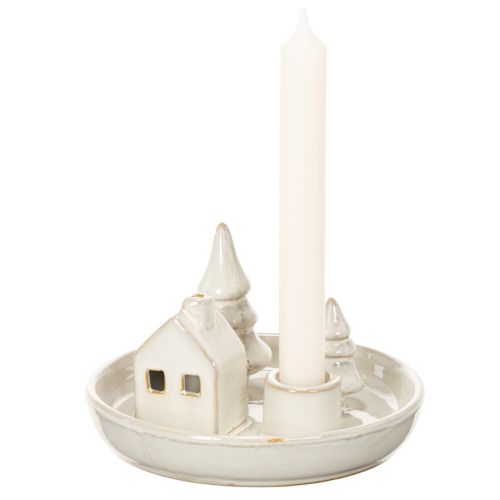 Decoratieve keramische kaarsenhouder met huisje en bomen, 16 cm | Floristik24.nl