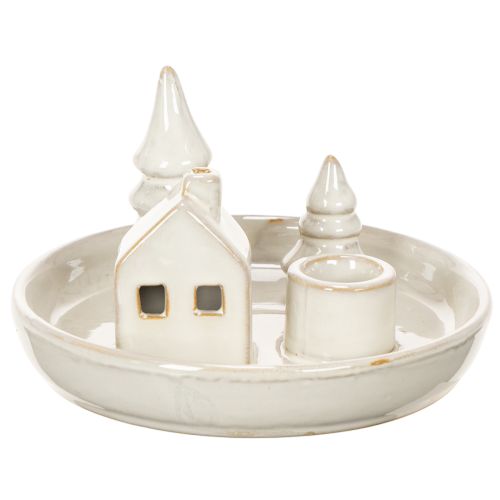 Decoratieve keramische kaarsenhouder met huisje en bomen, 16 cm | Floristik24.nl