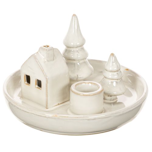Decoratieve keramische kaarsenhouder met huisje en bomen, 16 cm | Floristik24.nl