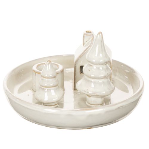 Decoratieve keramische kaarsenhouder met huisje en bomen, 16 cm | Floristik24.nl