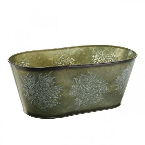 Plantenschaal voor de herfst, metalen decoratie met bladdecoratie groen L38cm H15cm