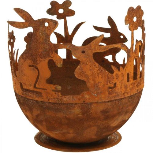 Floristik24 Metalen schaal met konijnen, paasversieringen, plantenbak voor patina Ø18cm H19.5cm