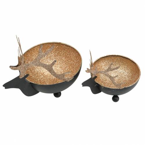 Artikel Kom met Rendierkop Zwart, Goudkleurig Metaal Ø11/14cm Set van 2