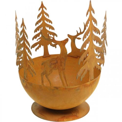 Metalen kom met hert, bosdecoratie voor advent, decoratief vat roestvrij staal Ø25cm H29cm