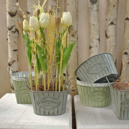 Floristik24 Bloempot van metaal plantenbak met handvatten groen, wit, grijs L24cm H14,5cm 3st
