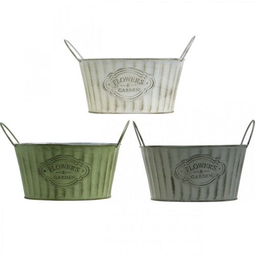 Floristik24 Metalen plantenschaal, lentebloempot, plantenbak met handvatten groen, wit, grijs Ø21cm H15.5cm set van 3