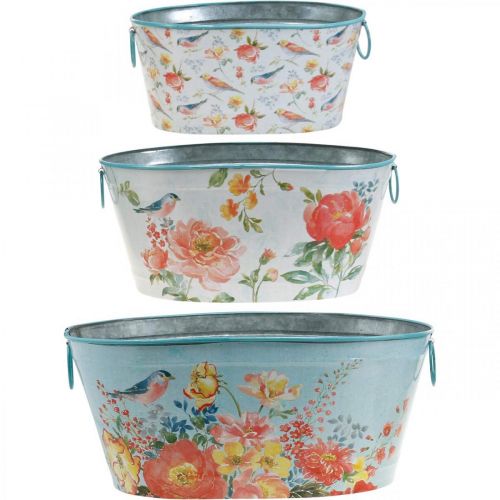 Artikel Plantenbakken, lente, plantenbak bloemen/vogels, metalen vaas ovaal L39/31/24,5cm set van 3