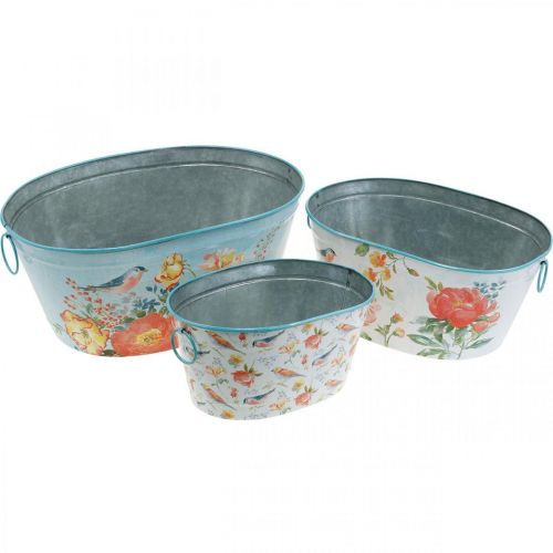 Plantenbakken, lente, plantenbak bloemen/vogels, metalen vaas ovaal L39/31/24,5cm set van 3