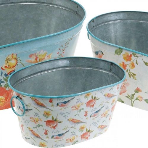 Artikel Plantenschalen, lente, plantenbak bloemen / vogels, metalen bak ovaal L39 / 31 / 24.5cm set van 3