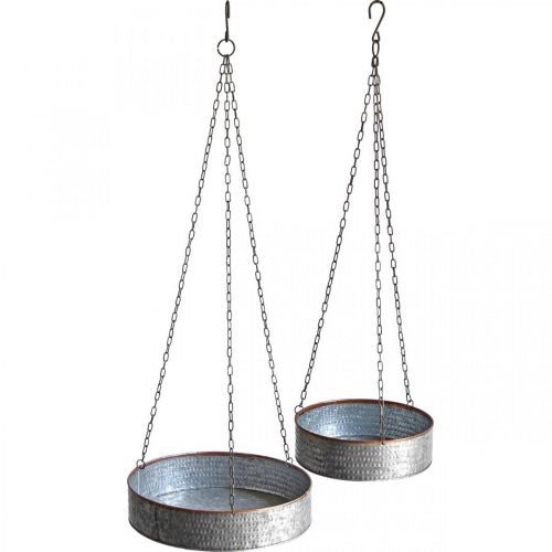 Floristik24 Plantenschaal om op te hangen, metalen schaal met ketting zilver, koperkleurig Ø30/40m H9/9.5cm L98/112cm