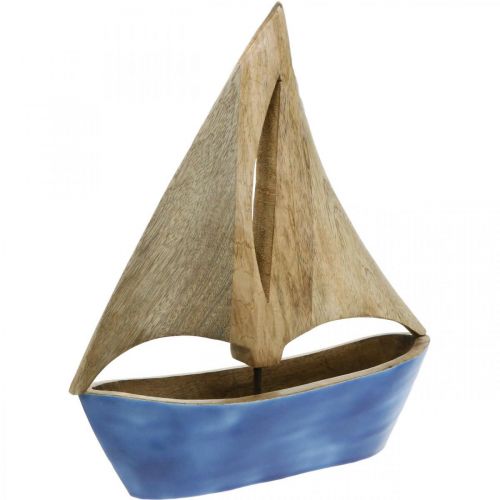 Deco zeilboot hout mango, houten schip blauw H27.5cm