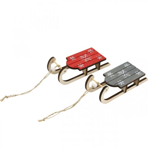 Floristik24 Houten slee, winterdecoratie om op te hangen, decoratie voor Advent grijs/rood L13cm 6st