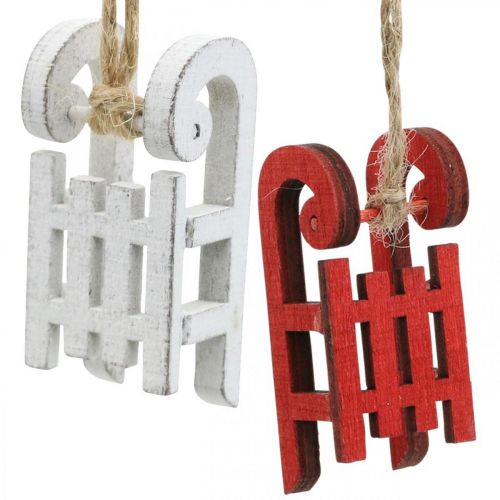Floristik24 Decoratieve slee om op te hangen, kerstboomversieringen, winterdecoraties wit/rood L4.5cm 12st