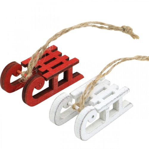 Floristik24 Decoratieve slee om op te hangen, kerstboomversieringen, winterdecoraties wit/rood L4.5cm 12st