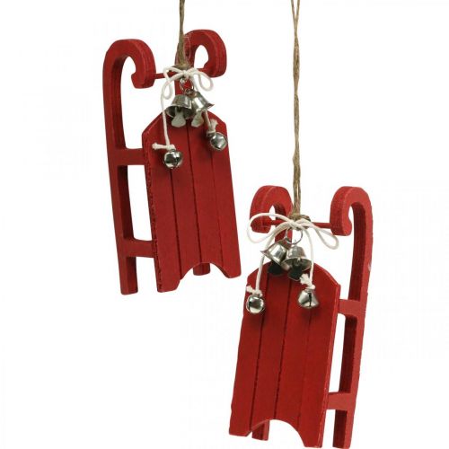 Floristik24 Decoratieve slee hout rood met belkoord L13cm 4 stuks