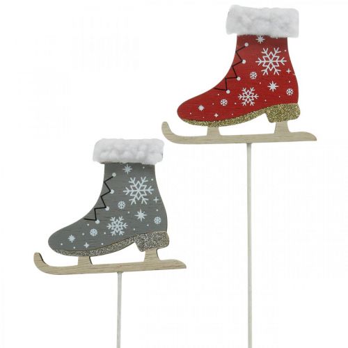 Deco plug schaatsen, kerstversiering, houten plug grijs, rood L32cm 8st