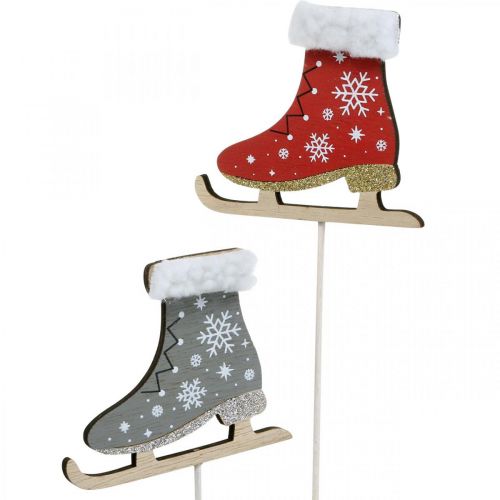 Floristik24.nl Deco plug schaatsen, kerstversiering, houten plug grijs, rood L32cm 8st goedkoop online kopen