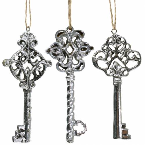 Decoratieve sleutel voor het ophangen van antiek zilver 10cm 3 st