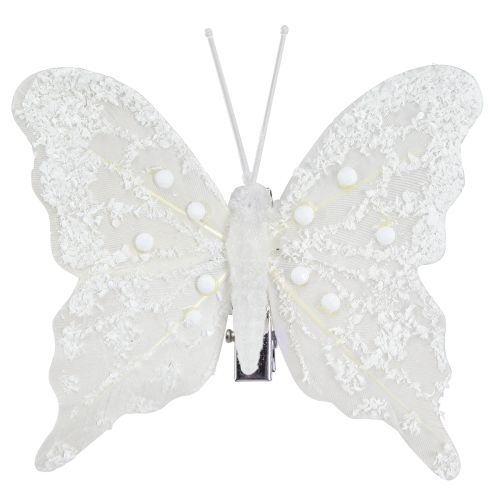 Artikel Vlinderdecoratie in wit op clip 7,5cmx7cm 4 stuks