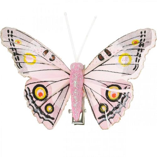 Artikel Deco vlinders met clip, veren vlinders roze 4.5-8cm 10st