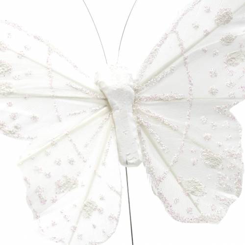 Artikel Veer vlinder op draad wit met glitter 10cm 12st