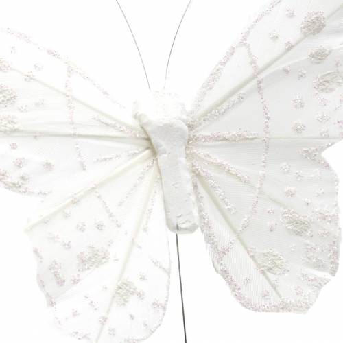 Floristik24 Veer vlinder op draad wit met glitter 10cm 12st