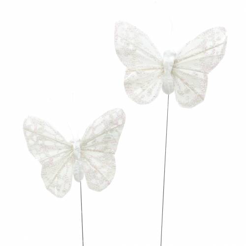 Floristik24 Veer vlinder met draad wit, glitter 5cm 24 st
