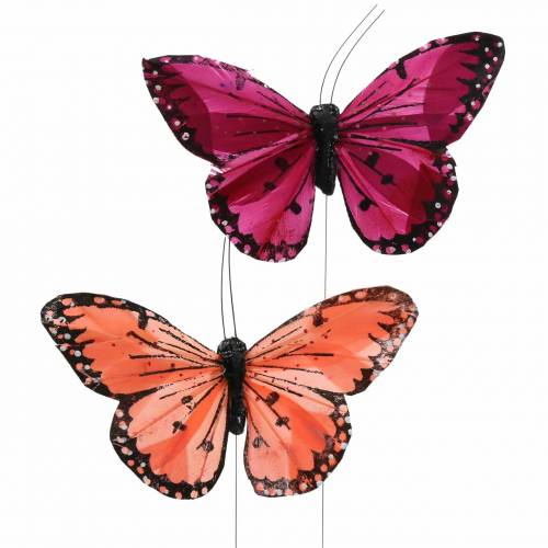 Floristik24 Veer vlinder met draad kleur zalm en paars 10cm 12 st
