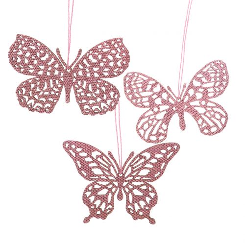 Floristik24 Decoratiehanger vlinder roze glitter 8cm 12st