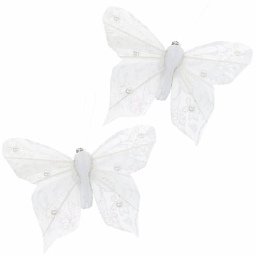 Floristik24 Veer vlinder op clip wit 10 cm 12 stuks