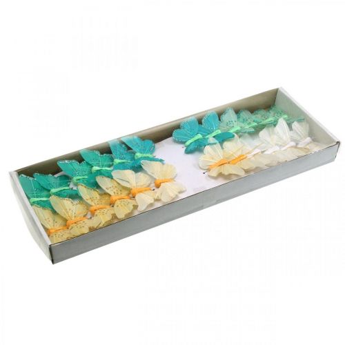 Floristik24 Vlinder met glitters, decoratieve plug, veer vlinderveer geel, turkoois, groen 4×6,5cm 24 st