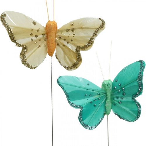 Vlinder met glitter, deco pluggen, veer vlinder lente geel, turquoise, groen 4×6.5cm 24st