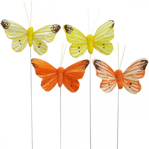 Floristik24 Decoratieve vlinders, bloemstekkers, veervlinders op draad geel, oranje 4×6.5cm 12st