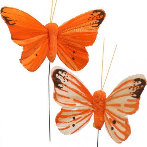 Floristik24 Decoratieve vlinders, bloemstekkers, veervlinders op draad geel, oranje 4×6.5cm 12st