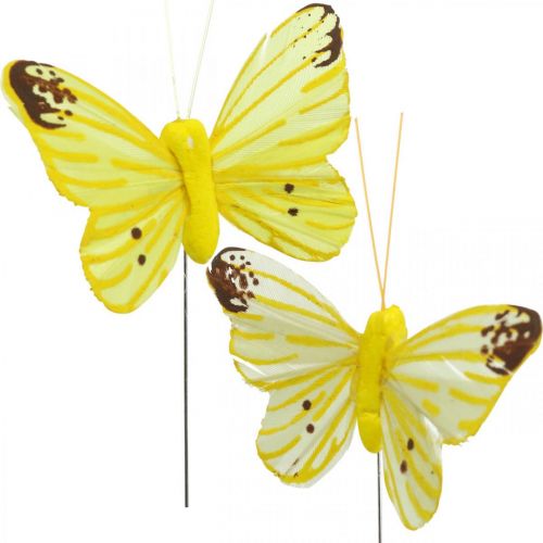 Artikel Decoratieve vlinders, bloemstekkers, veervlinders op draad geel, oranje 4×6.5cm 12st