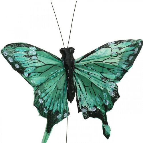 Decoratieve vlinders, lentedecoratie, veren vlinders, plantpluggen groen, bruin 9.5×12.5cm 12st