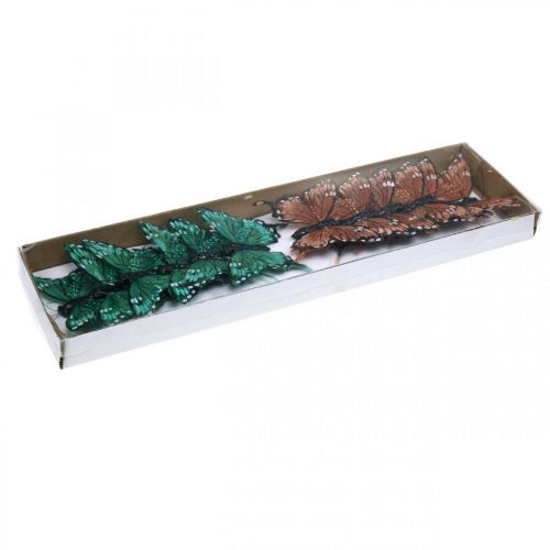 Floristik24 Decoratieve vlinders, lentedecoratie, veren vlinders, plantpluggen groen, bruin 9.5×12.5cm 12st