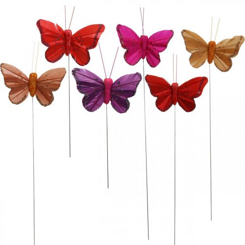 Floristik24 Lente, veren vlinders met mica, deco vlinder rood, oranje, roze, violet 4×6.5cm 24st