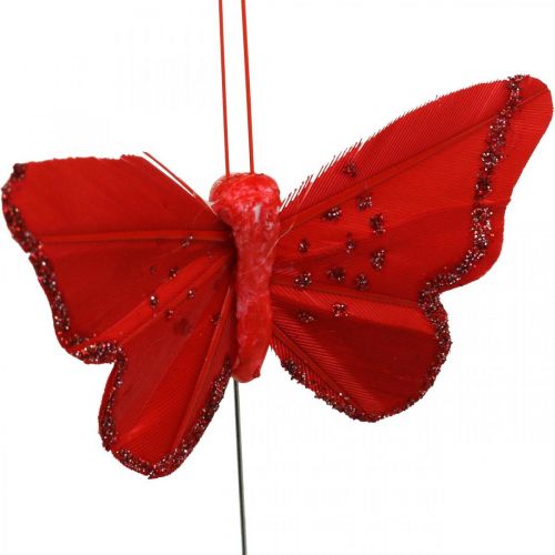 Artikel Lente, veren vlinders met mica, deco vlinder rood, oranje, roze, violet 4×6.5cm 24st