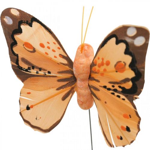 Artikel Veervlinders, decoratieve vlinders op stok, bloemstekkers roze, oranje, violet, bruin, blauw, beige 6×8cm 12st