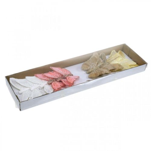 Floristik24 Vlinders met mica, huwelijksdecoratie, decoratieve plug, veervlinder geel, beige, roze, wit 9,5×12,5cm 12 stuks