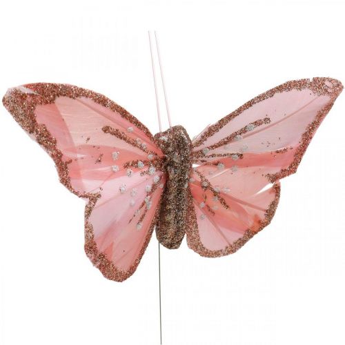 Vlinders met mica, trouwdecoratie, sierstekkers, veren vlinder geel, beige, roze, wit 9.5×12.5cm 12st