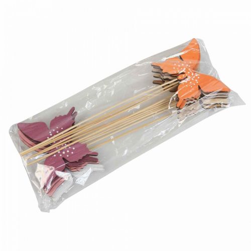 Artikel Vlinder houten bloemsteker gekleurd 9cm/29cm 12st
