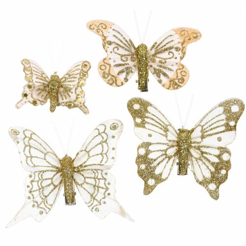 Veer vlinder op clip goud glitter 10st
